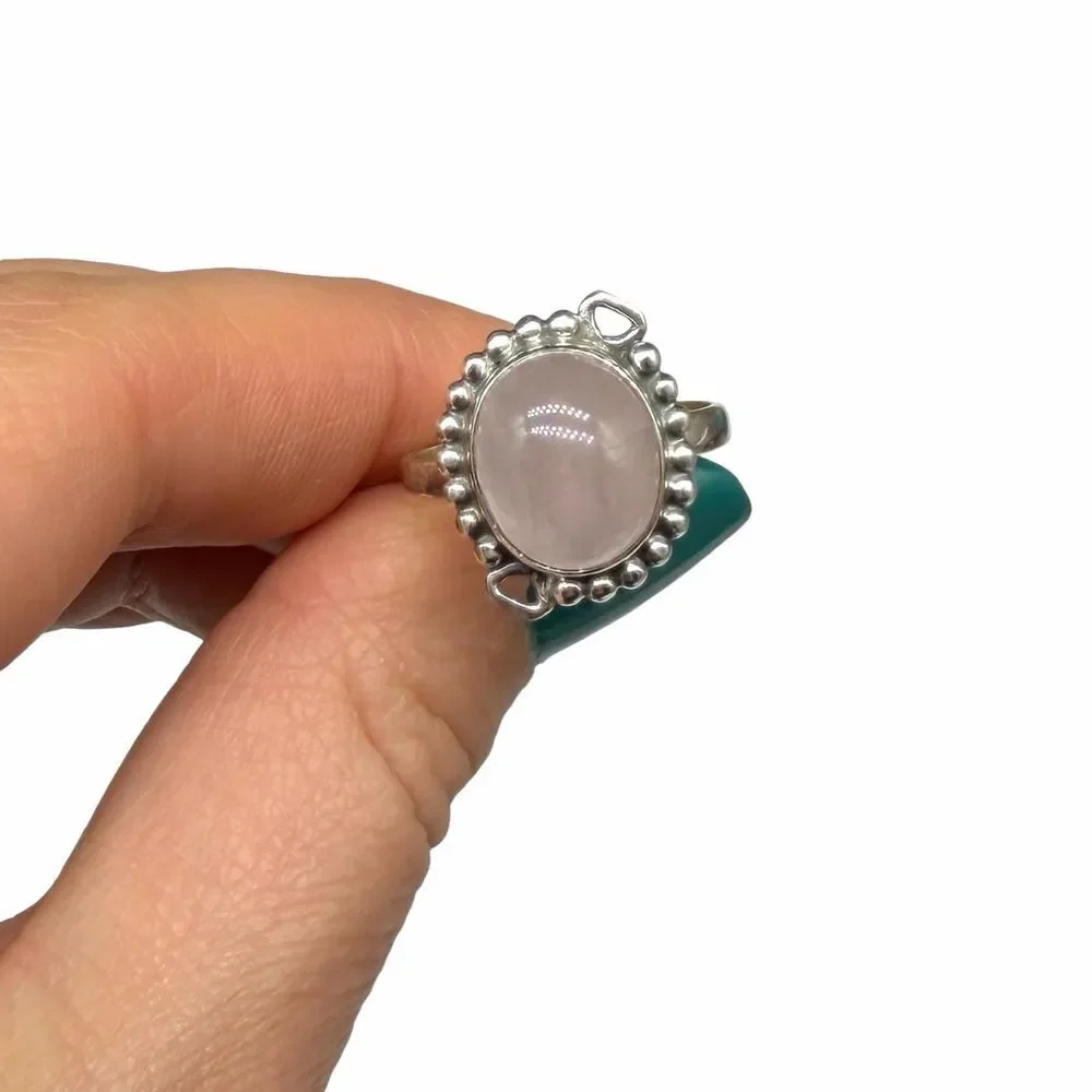 Rose Quartz Ring Size 8 Solid 925 Sterling Silver Pink Oval Stone Crystal